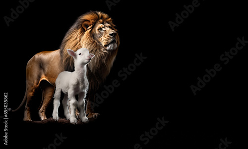 Lion And The Lamb  Majestic Unity.  Lion of Judah  Jesus  and Lamb of Peace - Symbolic Harmony.  Religion. 