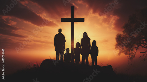 family looking christian cross silhouette