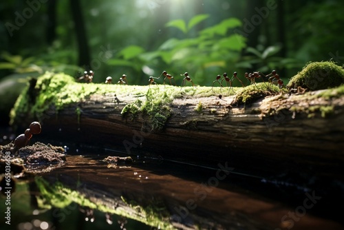 Ants on log in forest. Generative AI