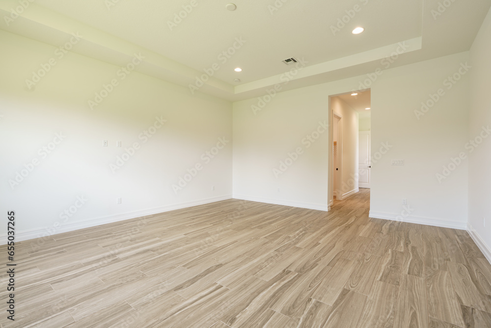 Obraz premium Stock photo of an empty interior bedroom facing corner with hallway