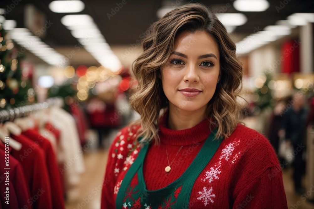 Mujer en tienda departamental con ropa navideña