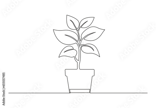 One continuous line drawing of a flower in a pot. Isolated on white background vector illustration. Pro vector.