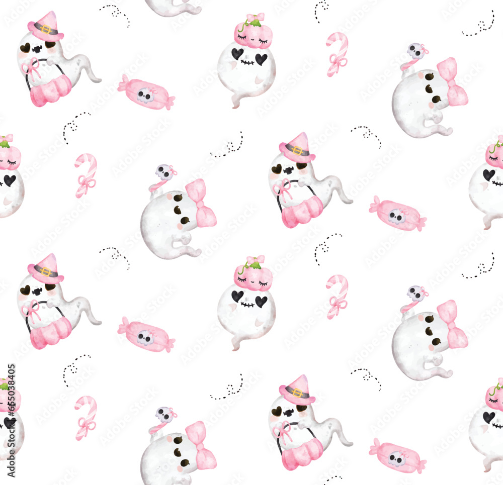 Cute Pink Halloween Ghost Watercolor Pattern Seamless Background