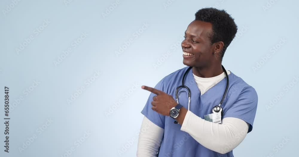 Nurse, advertising and black man pointing to space in studio isolated on a blue background. Portrait, hand and medical worker marketing healthcare, wellness promotion and smile for commercial mockup Nurse, advertising and black man pointing to space in studio isolated on a blue background. Portrait, hand and medical worker marketing healthcare, wellness promotion and smile for commercial mockup