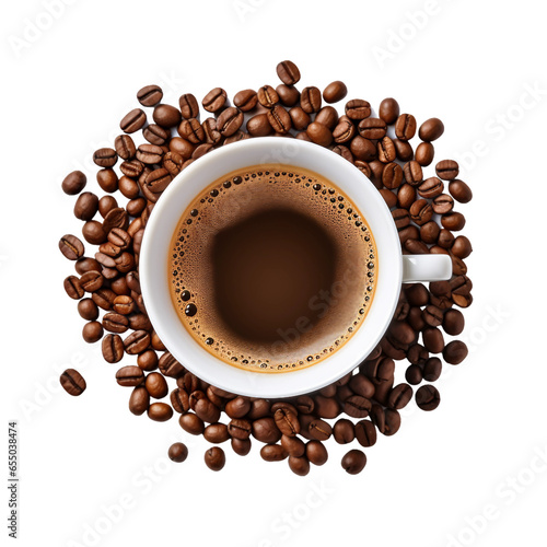 cup of black coffee with coffee beans, top view isolated on a white background