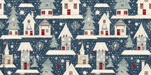 Принти на полотні Rustic country christmas cottage with primitive hand sewing fabric effect