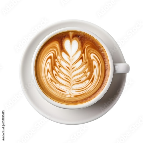 coffee cup latte art, top view isolated on a white background
