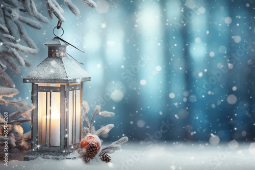 Winter scene with lantern and festive lights. Ideal for adding text. Banner. Generative AI
