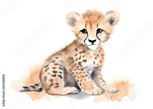 a cute baby cheetah animal pastel color watercolor painting illustration children's decor print with white background