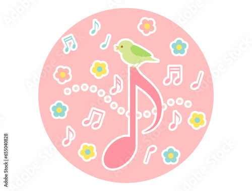 音符の上にのってる小鳥の音楽をイメージしたイラスト　ワッペンバージョン