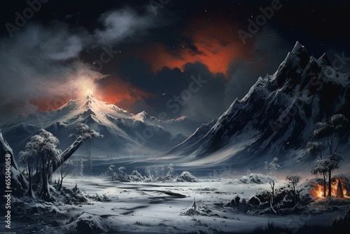 Nighttime winter painting of frozen volcano in a post-apocalyptic landscape amidst snow and blizzard. Generative AI photo