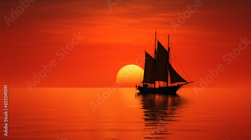 Artwork Depicting the Silhouette of a Sailboat Against a Sunset with Copy Space