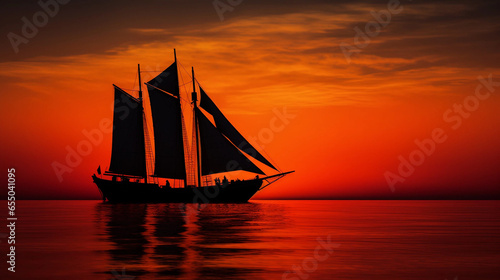 Artwork Depicting the Silhouette of a Sailboat Against a Sunset with Copy Space