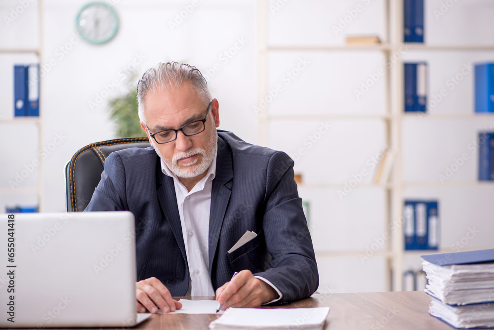 Old male employee working in the office Old male employee working in the office