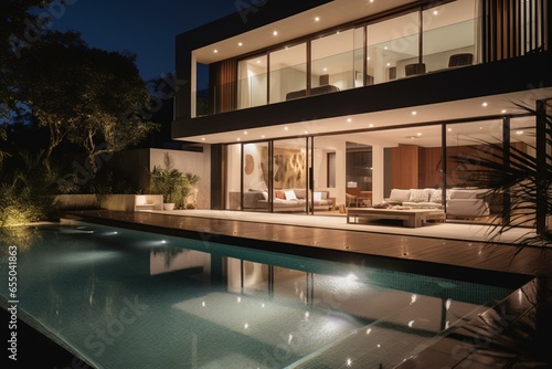 Stylish home with illuminated pool providing a luxurious nighttime environment. Generative AI © Rhea