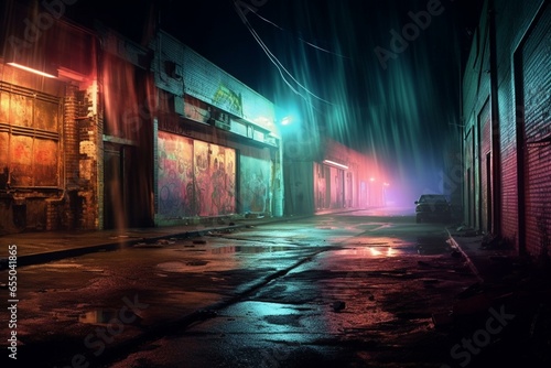 A dim deserted road embraced by the darkness, illuminated by neon lights and spotlights, with smoke wafting through the studio room. Nighttime panorama. Generative AI photo