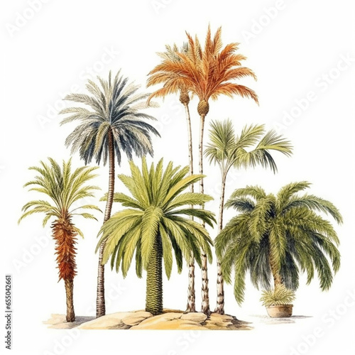 Different types of palm trees on white background. 