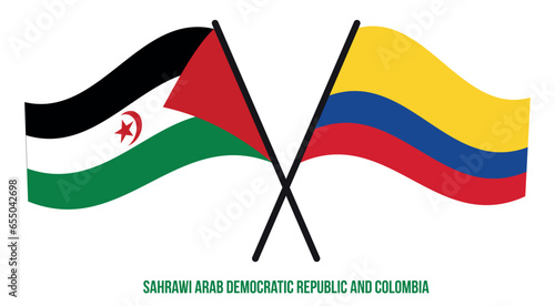 Sahrawi and Colombia Flags Crossed And Waving Flat Style. Official Proportion. Correct Colors.