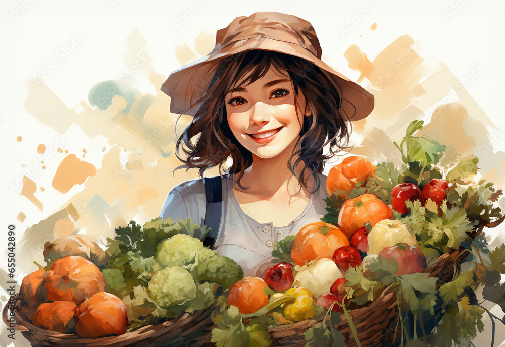 Happy farmer mature woman holding a basket of freshly picked vegetables and smiling. Happy farmer mature woman holding a basket of freshly picked vegetables and smiling.