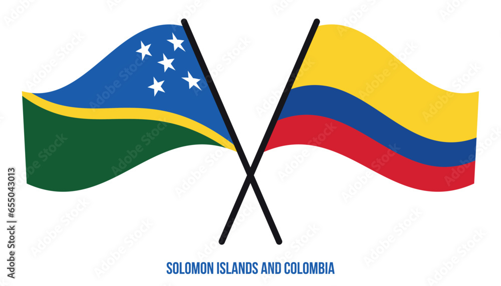 Solomon Islands and Colombia Flags Crossed And Waving Flat Style. Official Proportion. Correct Color Solomon Islands and Colombia Flags Crossed And Waving Flat Style. Official Proportion. Correct Color