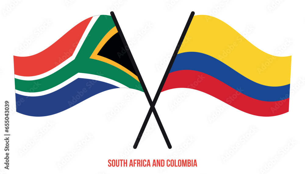 South Africa and Colombia Flags Crossed And Waving Flat Style. Official Proportion. Correct Colors. South Africa and Colombia Flags Crossed And Waving Flat Style. Official Proportion. Correct Colors.