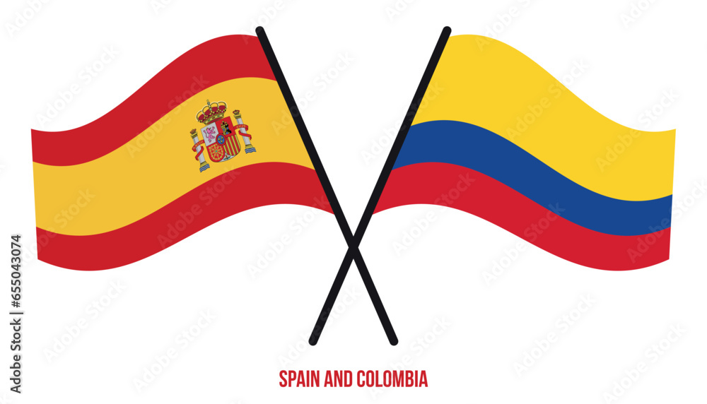 Spain and Colombia Flags Crossed And Waving Flat Style. Official Proportion. Correct Colors. Spain and Colombia Flags Crossed And Waving Flat Style. Official Proportion. Correct Colors.