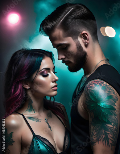 Urban fantasy couple in the forest with dramatic lighting 