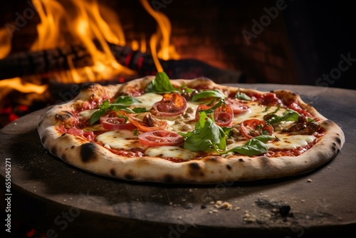 A detailed shot of a wood-fired pizza with a variety of toppings. Generative AI