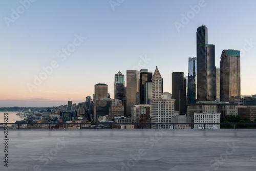 Skyscrapers Cityscape Downtown, Seattle Skyline Buildings. Beautiful Real Estate. Sunset. Empty rooftop View. Success concept. © VideoFlow