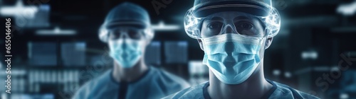 "In a sterilized setting, a doctor in scrubs stands ready, encapsulating a blend of present professionalism and a glimpse into a futuristic realm. The environment boasts a bokeh panorama on a shaped c