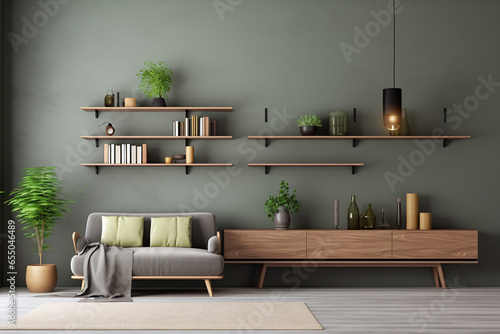 wooden shelves in a living space with modern furniture