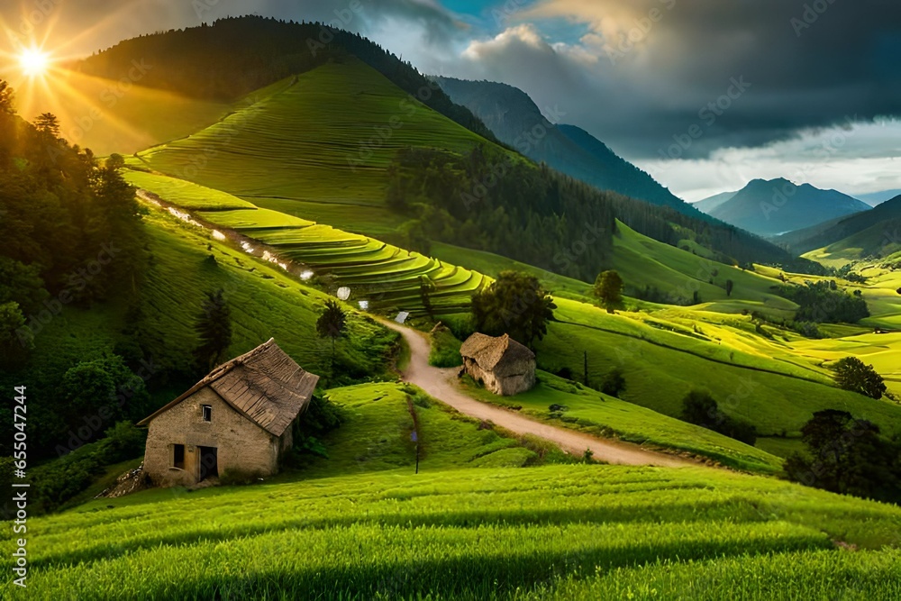 village in the valley and grassy mountains at sunrise