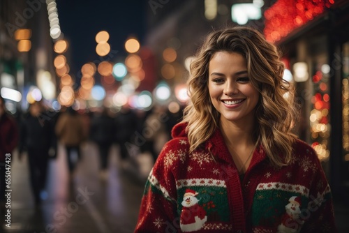 Mujer sonriente caminando sobre avenida en temporada navideña