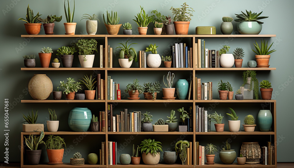 Bookshelf with books and vases and plants, Decoration with plants, urbanism concept