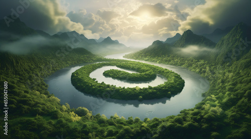 A painting of a spiral shaped river surrounded by mountains Generative Ai