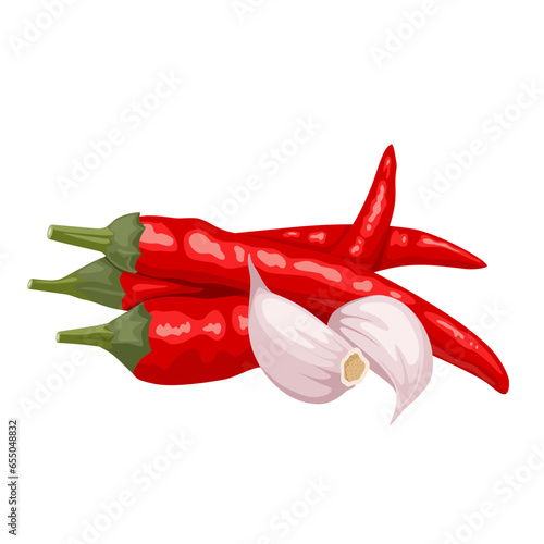 Vector illustration, red chili and garlic cloves, sriracha sauce seasoning, isolated on white background.