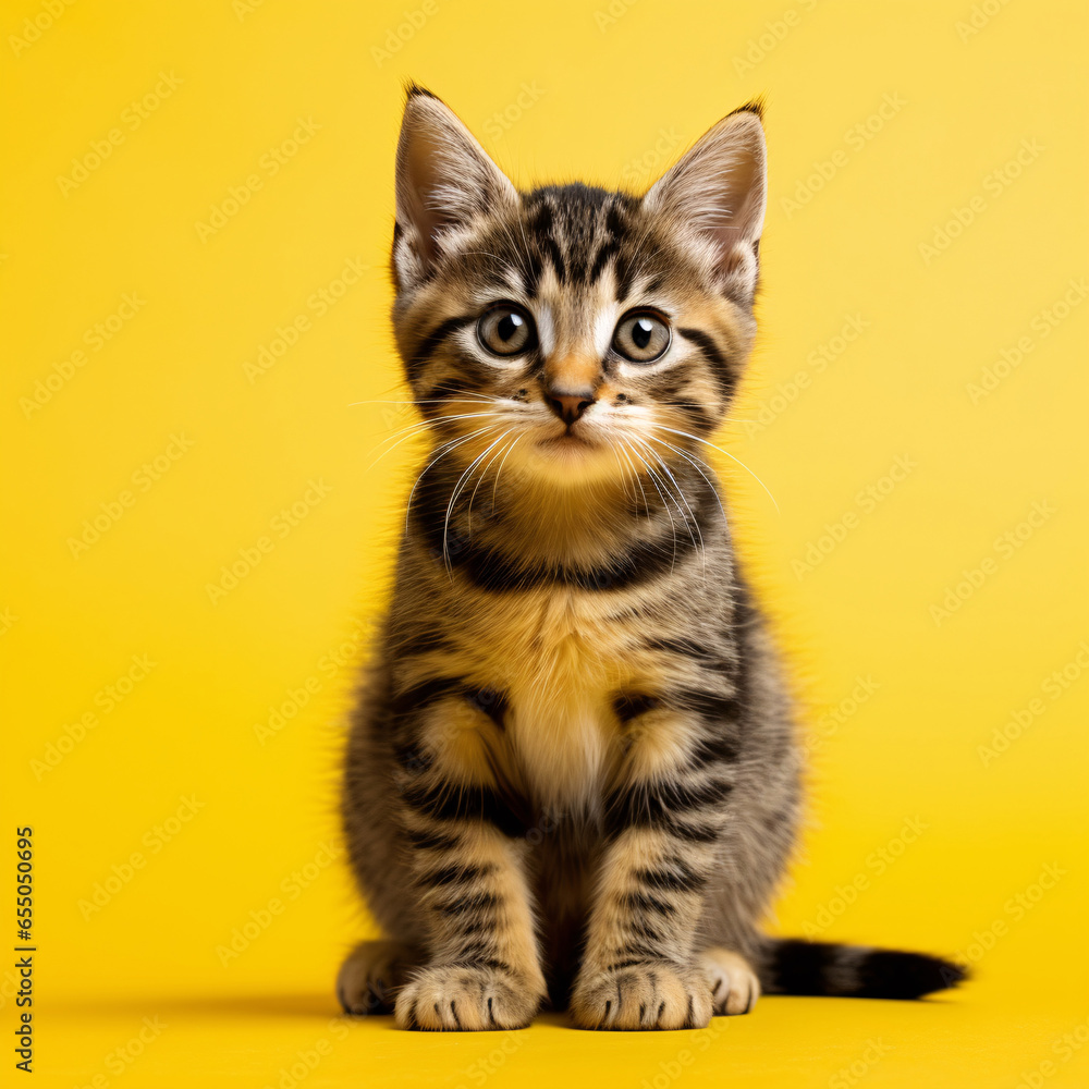 Curious Tabby Kitten  Perfect Pose on Yellow Background, Wide-Eyed Wonderment and Questions
