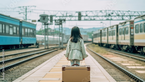 Back view of cute asian little girl holding suitcase and walking on a railway station.