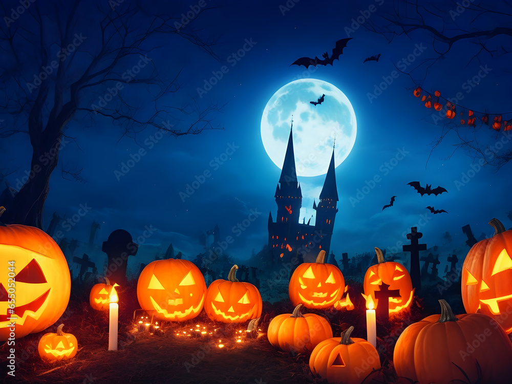 Fototapeta premium Happy Halloween background with scary pumpkin candles in the graveyard at night with a spooky castle background 