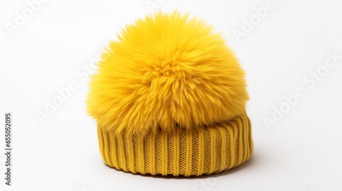 yellow Winter Pom Pom Knit Hat Isolated On White Background. Warm Unisex Gray-White Woolen Knitted Cap with Big Pom Pom. Nature Wool.Close-up Side View