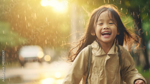 Happy asian little child girl having fun to play with the rain in the evening sunlight.