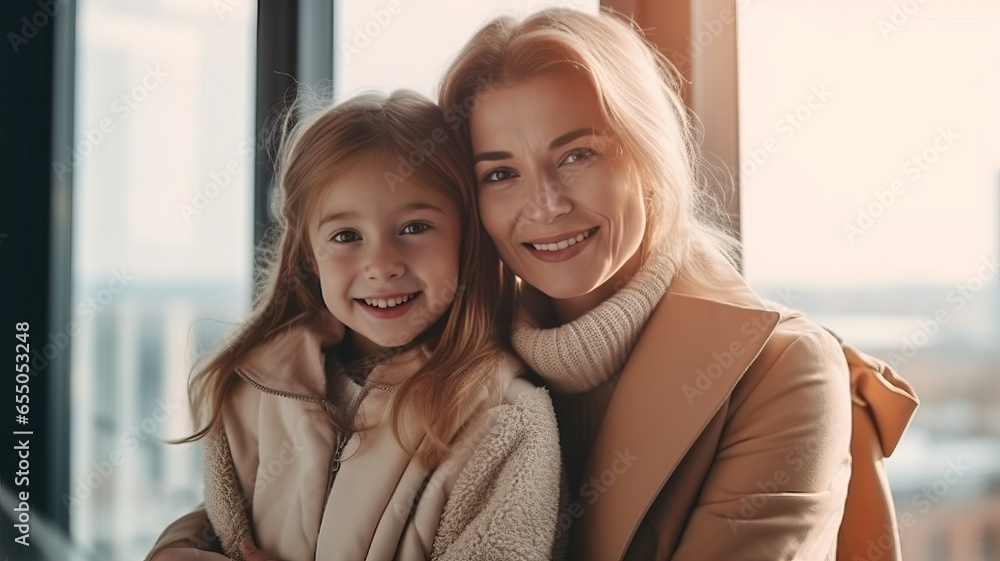 Fototapeta premium Happy family preparing for school. Little girl with mother.
