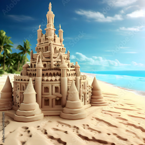Miniature castle made from sand next to the beach with sky background and copy space area.