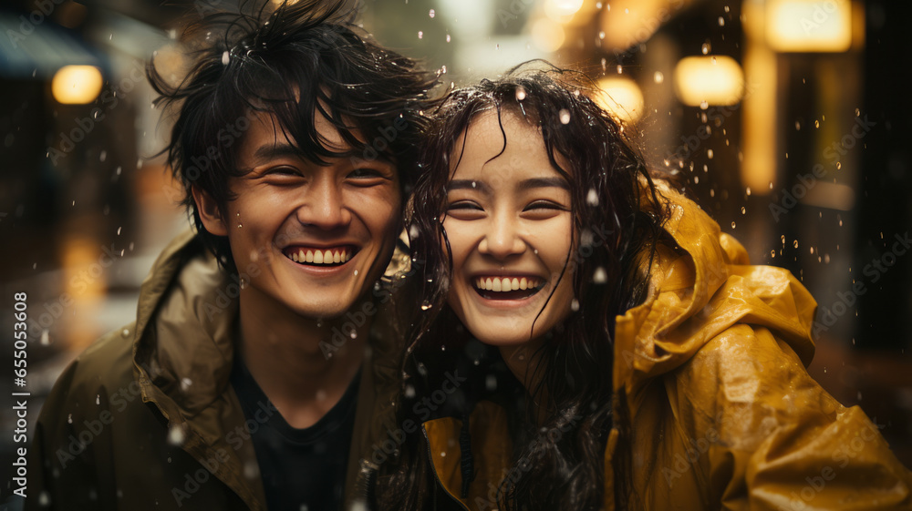 young asian couple with yellow raincoat having fun to play with the rain in the evening.