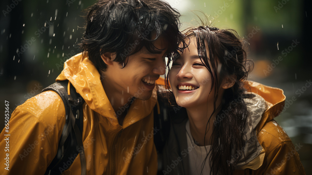 young asian couple with yellow raincoat having fun to play with the rain in the evening.generative ai young asian couple with yellow raincoat having fun to play with the rain in the evening.generative ai
