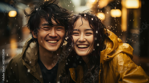 young asian couple with yellow raincoat having fun to play with the rain in the evening. photo