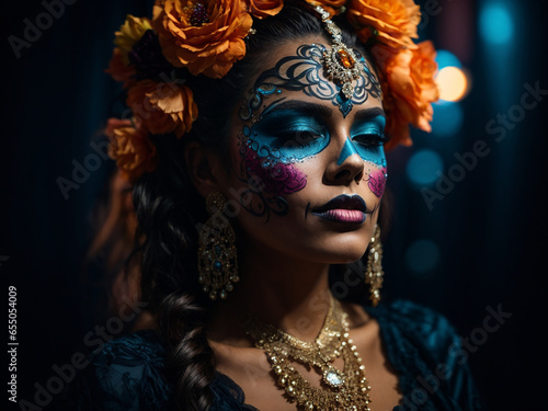Portrait of a woman with makeup on Halloween on a dark background