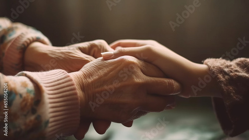 Middle aged asian people old mom holding hands trust comfort help young woman.generative ai
