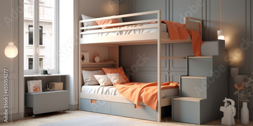 Modern teen bedroom featuring a custom-made with bunk bed, cozy and efficient generative ai photo