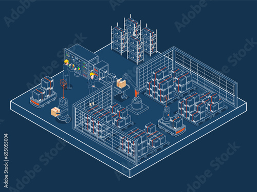 Logistics Warehouse Work Process Concept with Transportation operation service, Industrial Internet of Things and Autonomous Robot. Vector illustration EPS 10